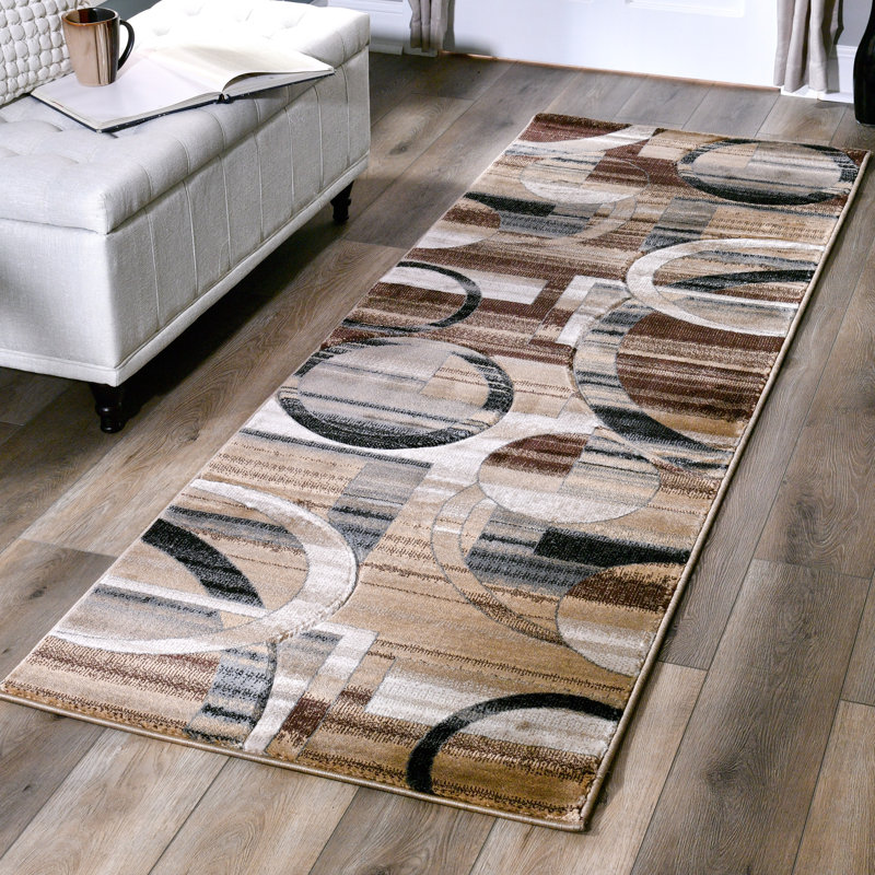 Tapis brun / beige à motif abstrait Adonia, Rond 8 pi 1 po