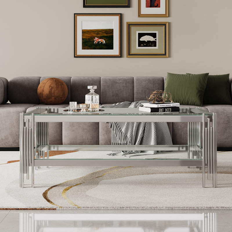 Tempered glass coffee table with double layers and mirror-finished stainless steel frame, durable and elegant