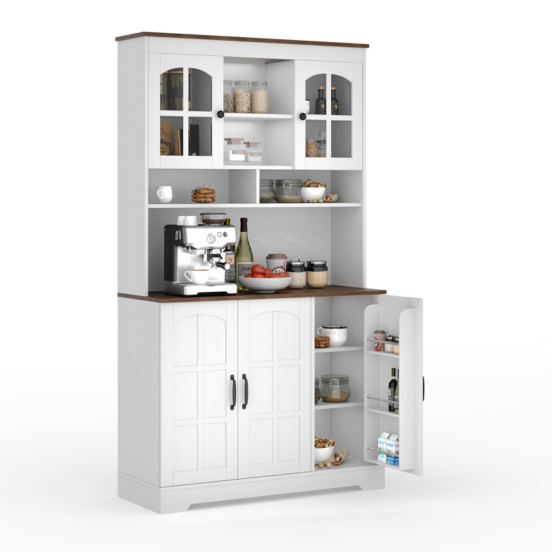  Armoire de garde-manger avec station de charge, grande armoire de rangement de garde-manger avec huche, armoire de cuisine de 70,9 pouces avec portes en verre, pour salle à manger et bureau à domicile blanc