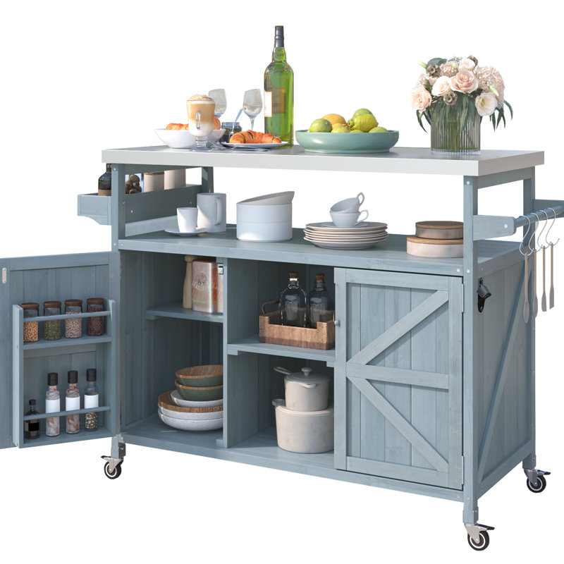 Luxury Outdoor Bar Cabinet: Stainless Steel & Wood. Ample Storage. 4 Lockable Wheels. Grey Blue. Towel Hanger Paper Holder Modular Kitchen Cart With Removable Handle
