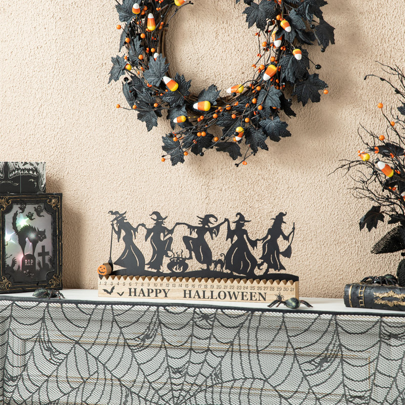 18"L Halloween Wooden & Metal Dancing Witch Silhouette Countdown Table Sign