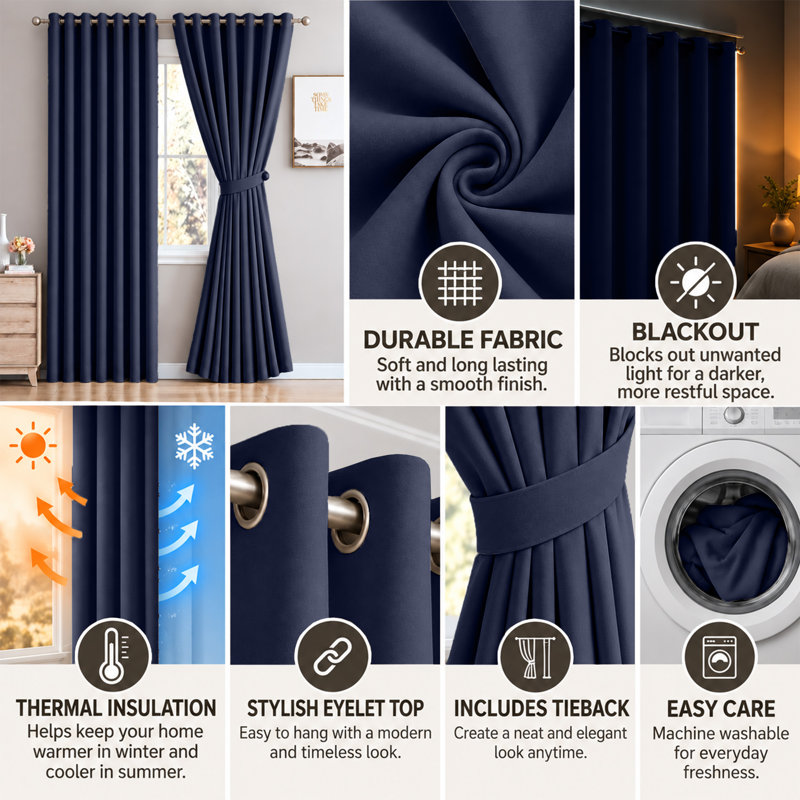 Cariya Small Window Eyelet Blackout Thermal Curtains  – Light Blocking & Energy Efficient, 117cm Width x 137cm Drop, Navy