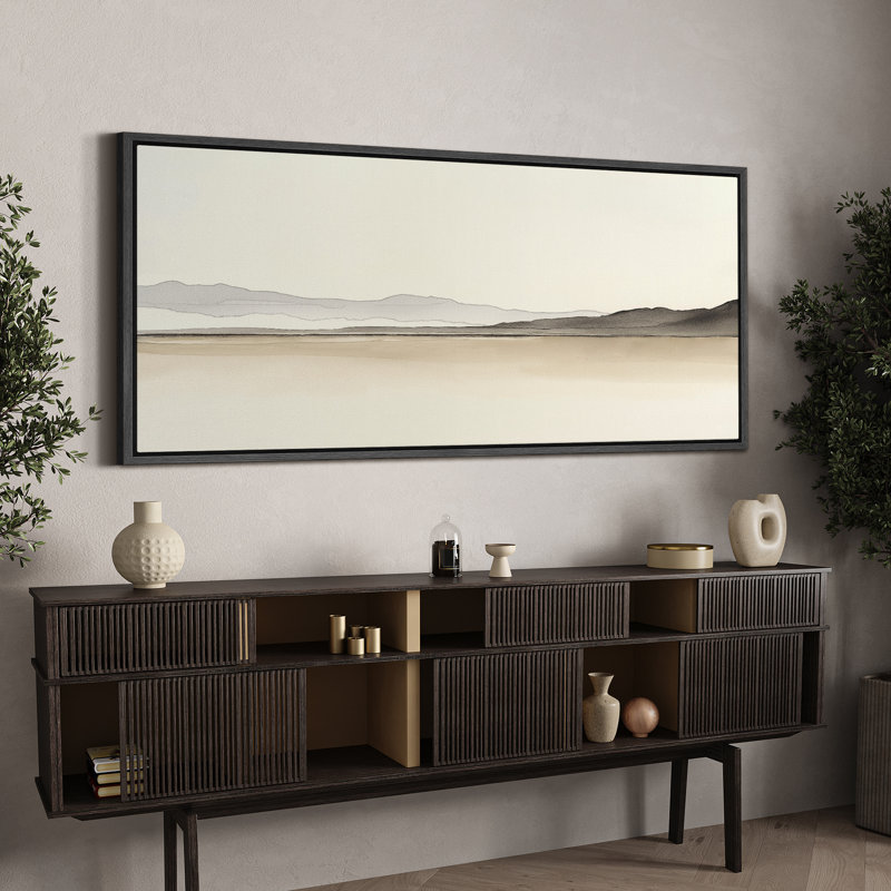 «Minimal Desert Horizon», impression sur toile encadrée - décor abstrait doux neutre, Noir, H 30 po x l 60 po