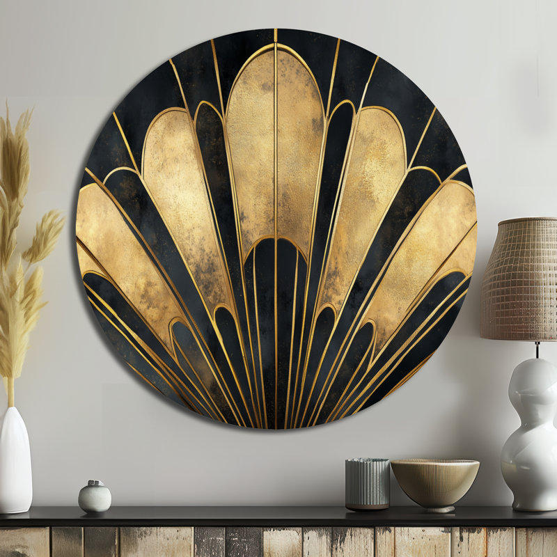 «Golden Fan», art mural rond en métal abstrait Art Deco, L 23 po x H 23 po