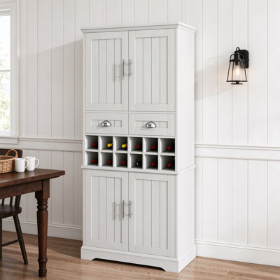 70.9" tall farmhouse wine storage cabinet with removable 12-bottle wine rack, 2 drawers, adjustable shelves, in white