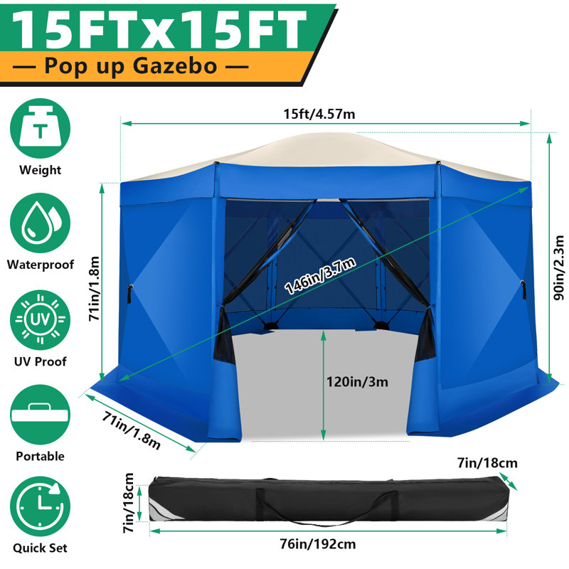 15x15 Screen Room with Mosquito Netting, Hub Tent Instant Screened Canopy, Blue