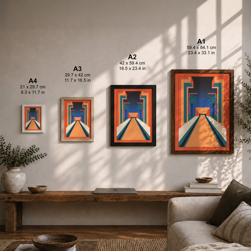 Bowling Alley Vanishing Point Retro 1 Piece Single Picture Frame Wall Art, A2 - 59.4 x 42.0 cm, White