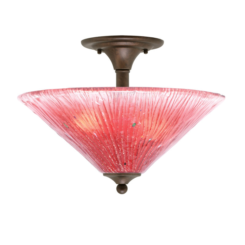 Plafonnier semi-encastré, 2 ampoules, fini bronze, verre cristal framboise 40,6 cm, Bronze, Rouge