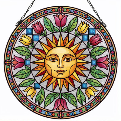 Sun Face Stained Glass Window Panel，7.8H