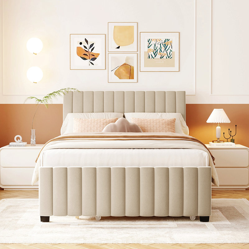 Lit plateforme double en velours avec lit gigogne, Beige