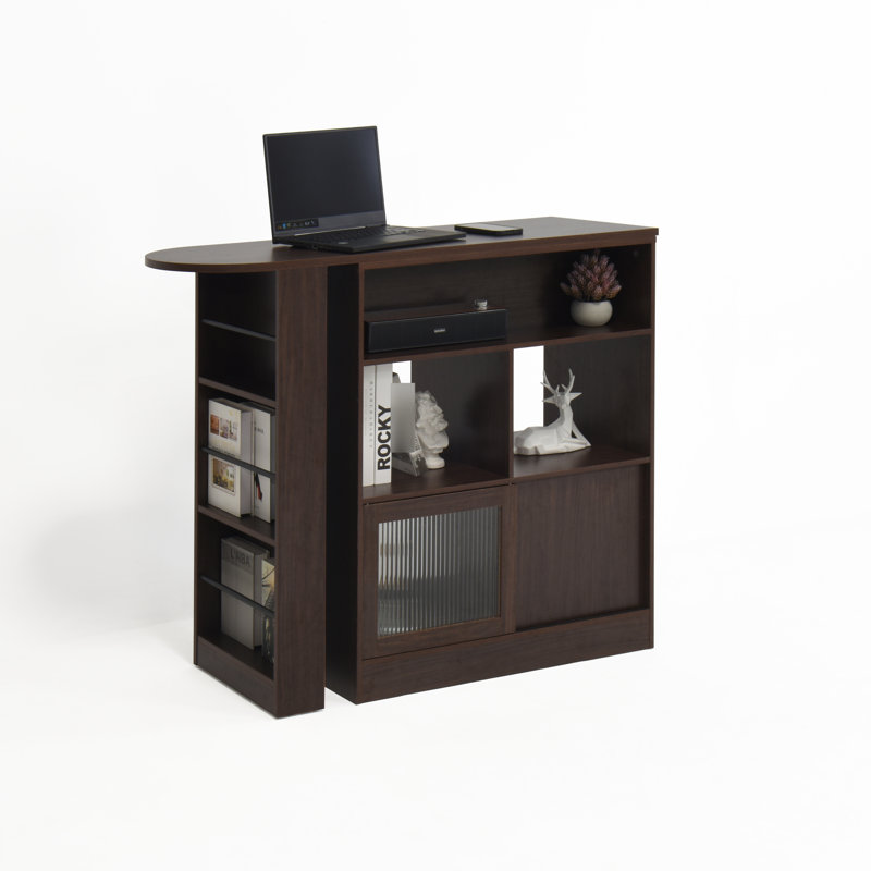 Armoire de bar moderne en noyer avec 6 boîtes de rangement et une étagère à condiments rotatifs, noyer, espaces 2 portes en verre