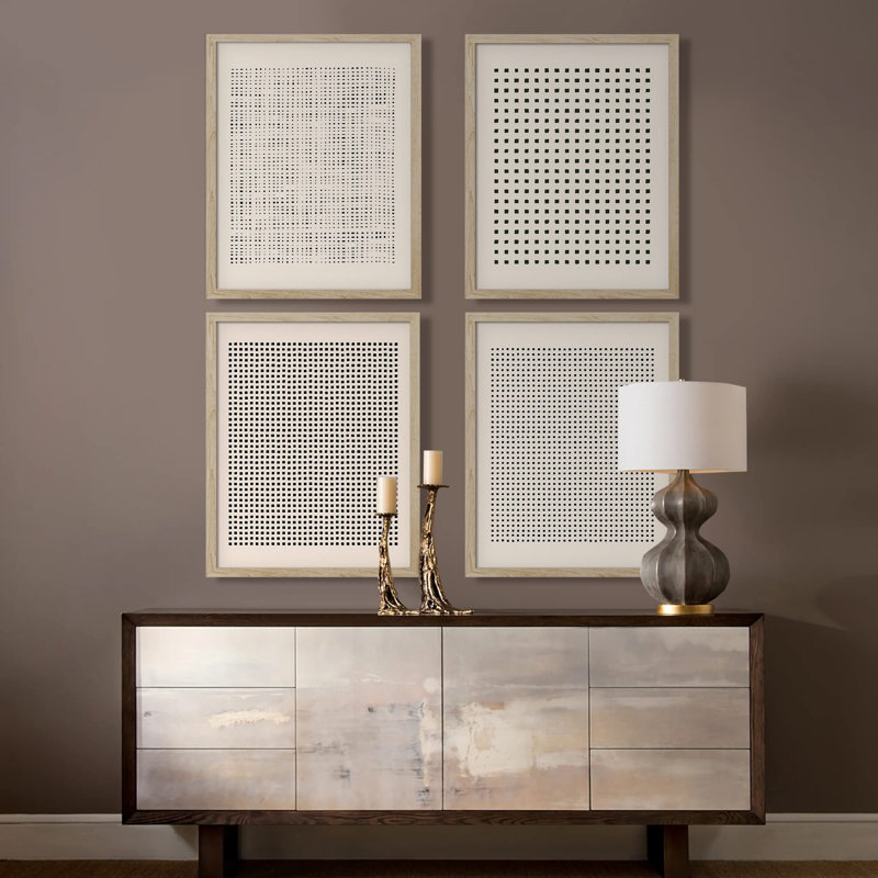 Motif géométrique à pois encadré sur papier, 4 pièces, Naturel, H 16 po x l 12 po