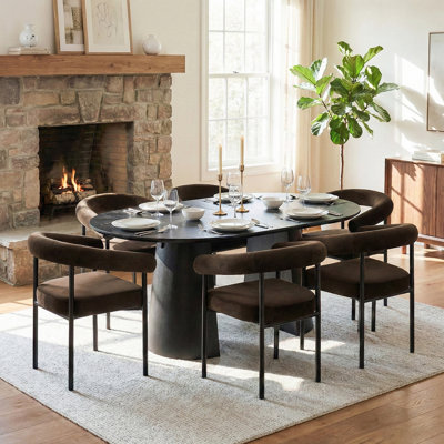 46"–83" Modern Extendable Dining Set With Dual Pedestal Base & Velvet Upholstered Arm Chairs