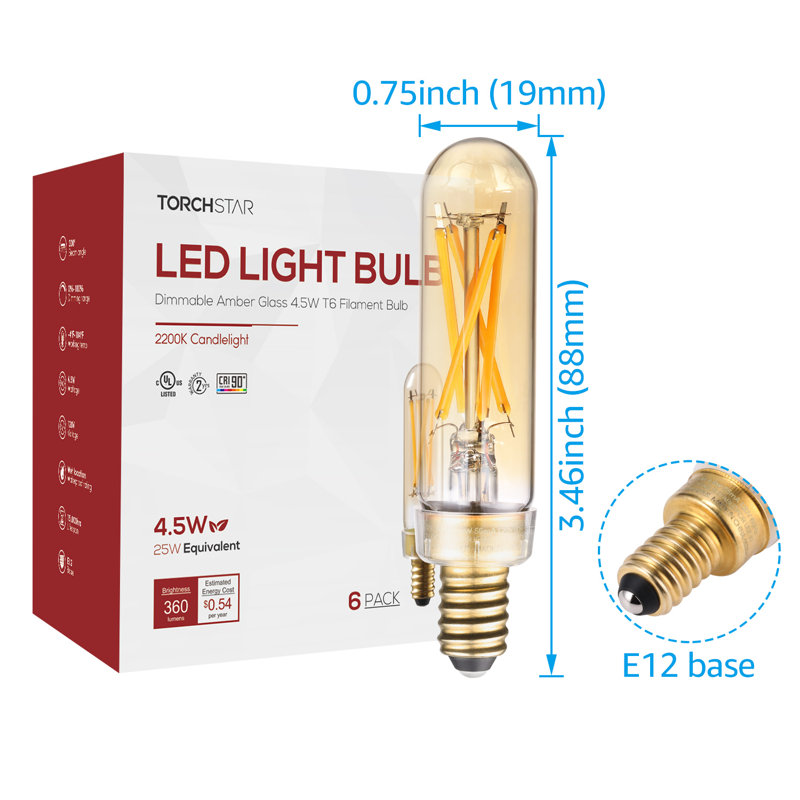 Ampoule DEL T6 4,5 W (25 W Eqv) à intensité variable, ampoules tubulaires DEL en verre ambré, ampoule candélabre E12, homologuée UL, ampoules à filament Edison pour lustre, ventilateur de plafond, 2 200 K
