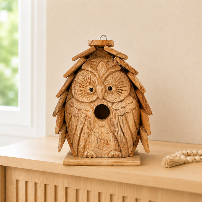Cabane à oiseaux suspendue en bois de teck avec motif de hibou sculpté à la main - artisanale
