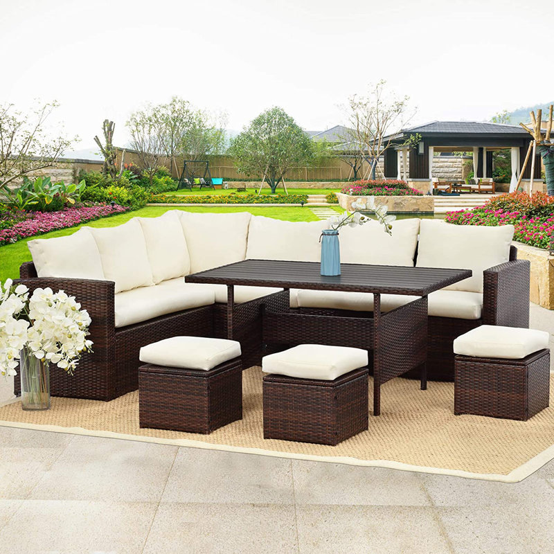 9 - Person Patio Conversation Set with Cushions, Ivory