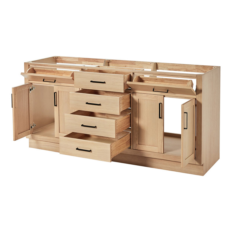 Ariel Hepburn 72 In. Double Sink Base Cabinet, Matte Black, Natural Oak