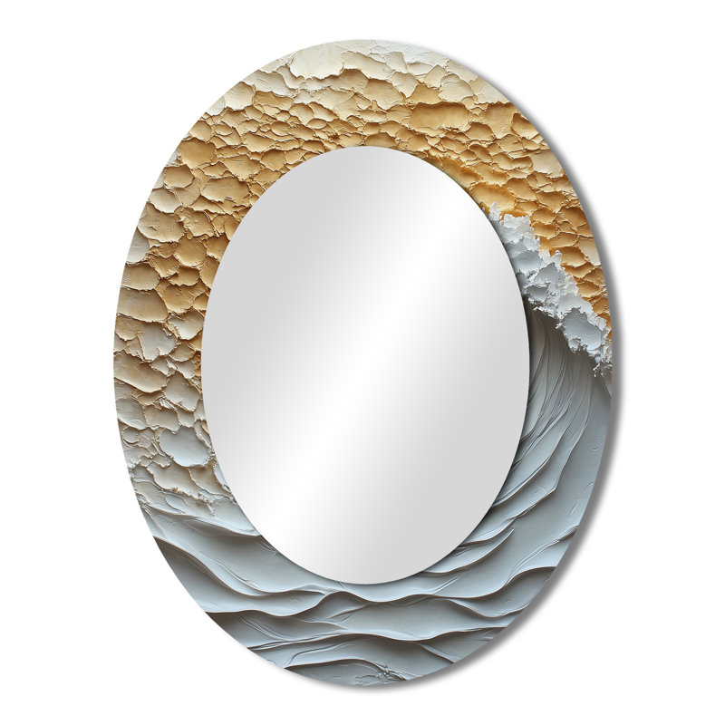 Beige And Whitee Sunrise Abstract Waves I - Gold Modern Oval Wall Mirror, 43" x 33"