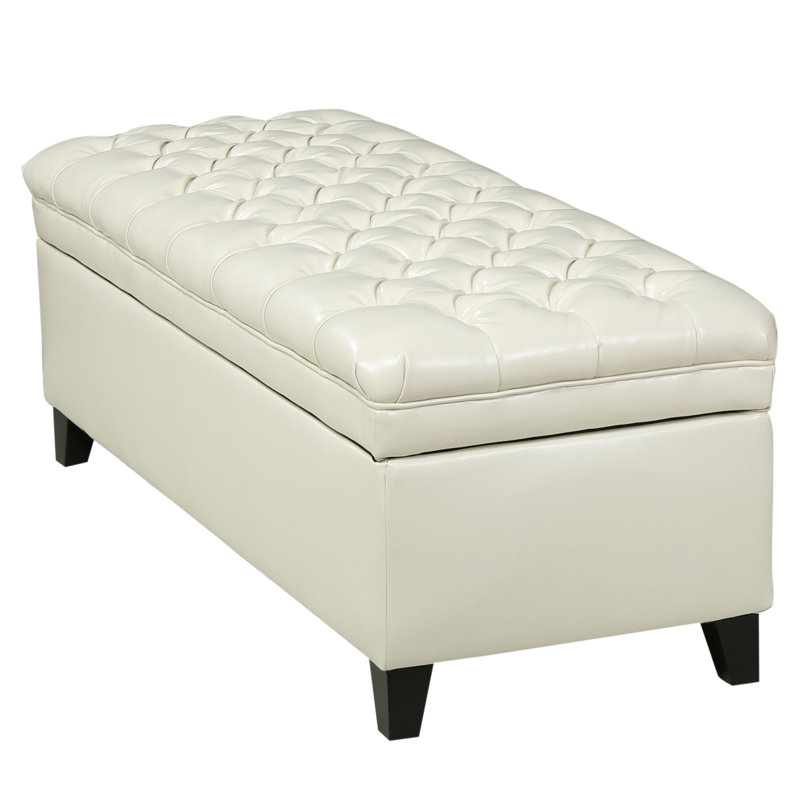 Banquette de rangement capitonnée à couvercle rabattable avec capitonnage à boutons en losange, en similicuir PU ivoire