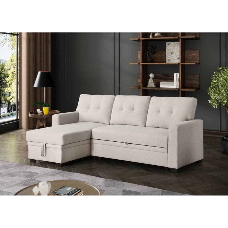 Canapé modulaire rembourré convertible à 3 places avec rangement, structure en lin beige, rembourrage en mousse, canapé-lit simple, coussins de dossier amovibles, idéal pour accueillir une nuit, largeur de 81,86 po, 54,55 po