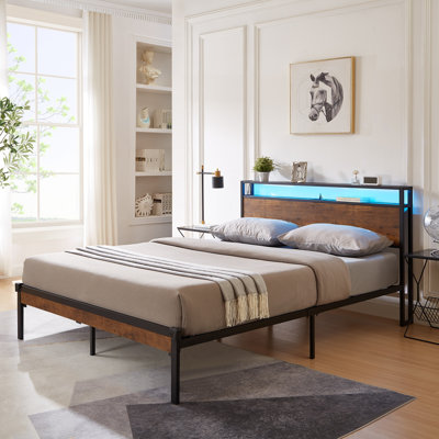 Queen Size Metal Platform Bed with Wood Headboard & Footboard, USB Port, LED Lights, Large Under-Bed Storage, Black+Brown