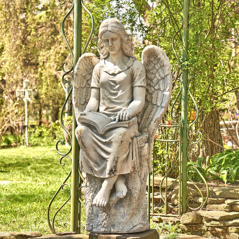 Statue de Dina assise en magnésium, livre de lecture «Dina», 46" x 23.6" x 18.9", Gris pierre