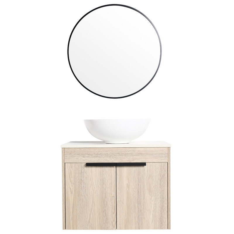 Meuble-lavabo mural 24 po. Chêne blanc avec lavabo en céramique et porte à fermeture en douceur pour une salle de bain relaxante. Rangement spacieux. Espace de rangement moderne et suffisant.