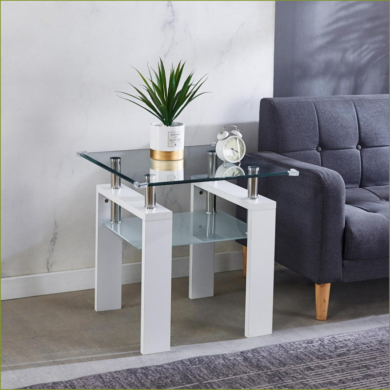 Table basse moderne en verre transparent avec tablette givrée et pieds en métal - Facile à nettoyer pour le salon