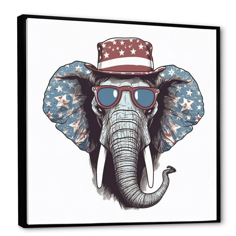 Éléphant gris avec chapeau - imprimé, H 16 po x l 16 po x P 1 po, Cadre flottant noir