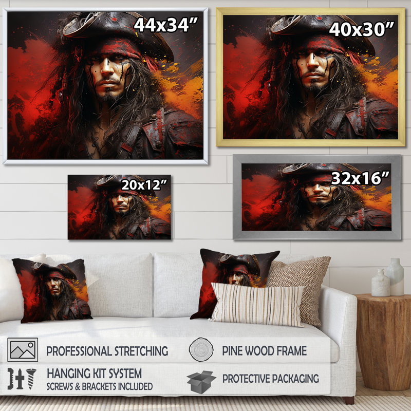 «Pirates Corsairs Fired Courage II», reproduction sur toile, Cadre photo doré simple, H 34 po x l 44 po x P 1,5 po