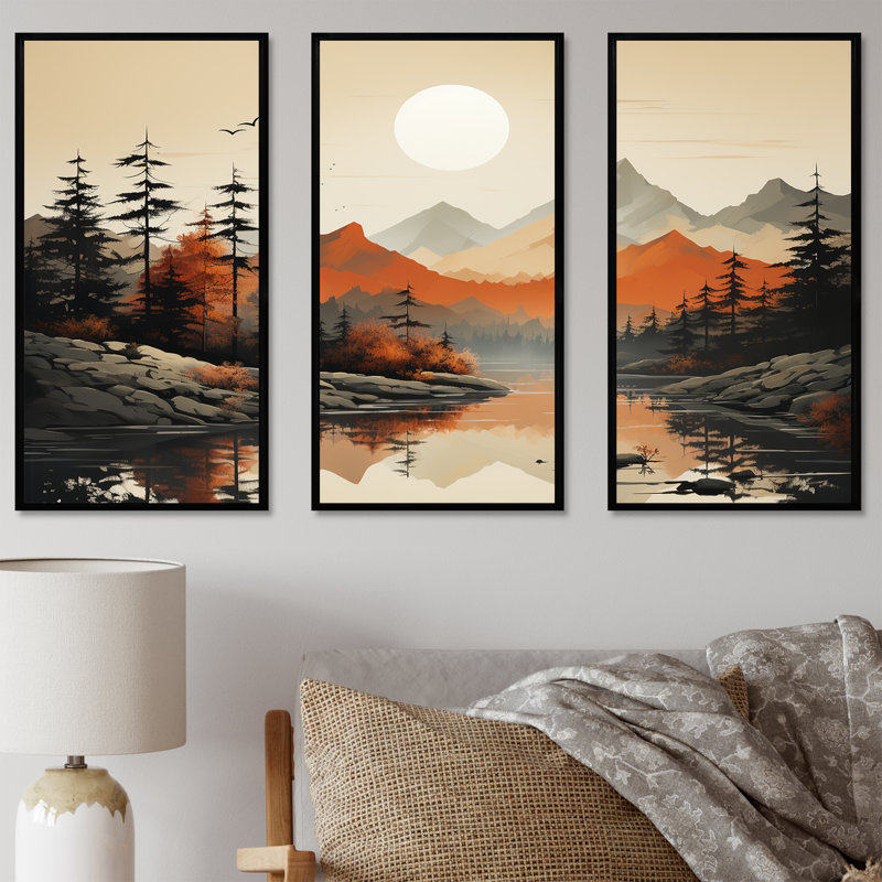 «Mountains Whisper Sunset Dreams - Minimalisme, ensemble d'art sur toile, H 28 po x l 36 po x P 1 po, Cadre flottant noir