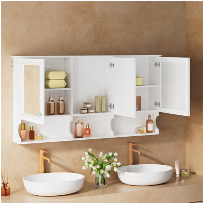 Armoire à pharmacie 55 po avec tablettes ouvertes, rangement mural avec portes et miroir, tablette réglable, armoire de rangement pour salle de bain au-dessus de la toilette