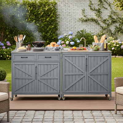 Chariot de cuisine d'extérieur modulaire 2 pièces avec évier en acier inoxydable, armoires de rangement, ensemble de drain et égout
