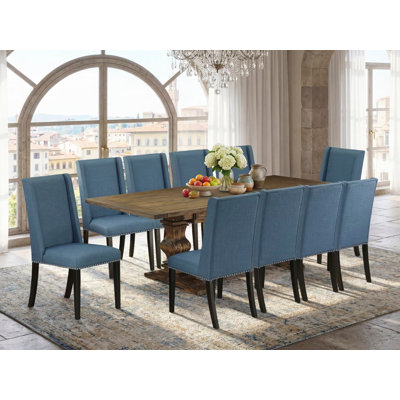 11 Piece Modern Dining Table Set Includes a Rectangle Wooden Table with Removable Leaf and 10 Blue Linen Fabric Upholstered Chairs, Distressed Jacobean