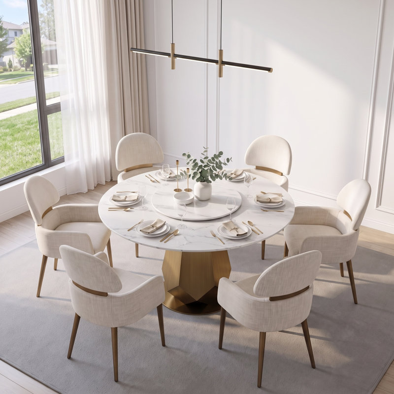 7 Piece Round Dining Table Set with 23" Lazy Susan & 6 Fabric Cahirs, 47" Table + 4 Chairs