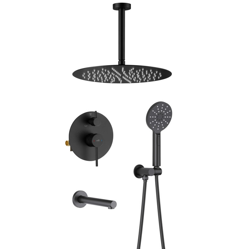 Système de douche circulaire à pression équilibrée à 3 fonctions avec valve brute, Noir mat