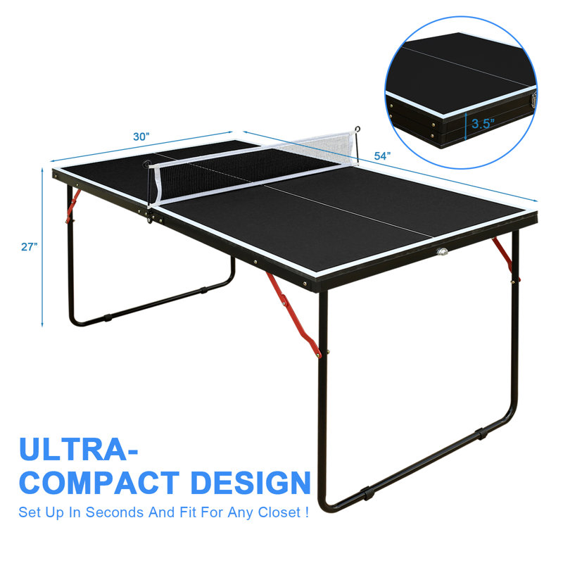 Table de ping-pong pliable et portable de 137 cm (4,5 pieds) avec filet et 2 raquettes - 137 x 76 x 69 cm (54 x 30 x 27 pouces) - MDF - 1 pièce - Noir - Pliable et portable