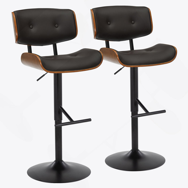 Tabouret de bar réglable avec pivot en métal noir, bois de noyer et similicuir espresso avec repose-pieds droit en T - ensemble de 2