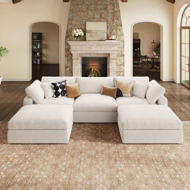 Abramson White U-shaped Chenille Modular Symmetrical Cloud Sofa, 36.2" H x 120.5" W x 78" D, White Chenille