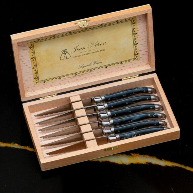 Ensemble de 6 couteaux à steak Laguiole, boîte de présentation en marbre noir et bois, Marbre noir