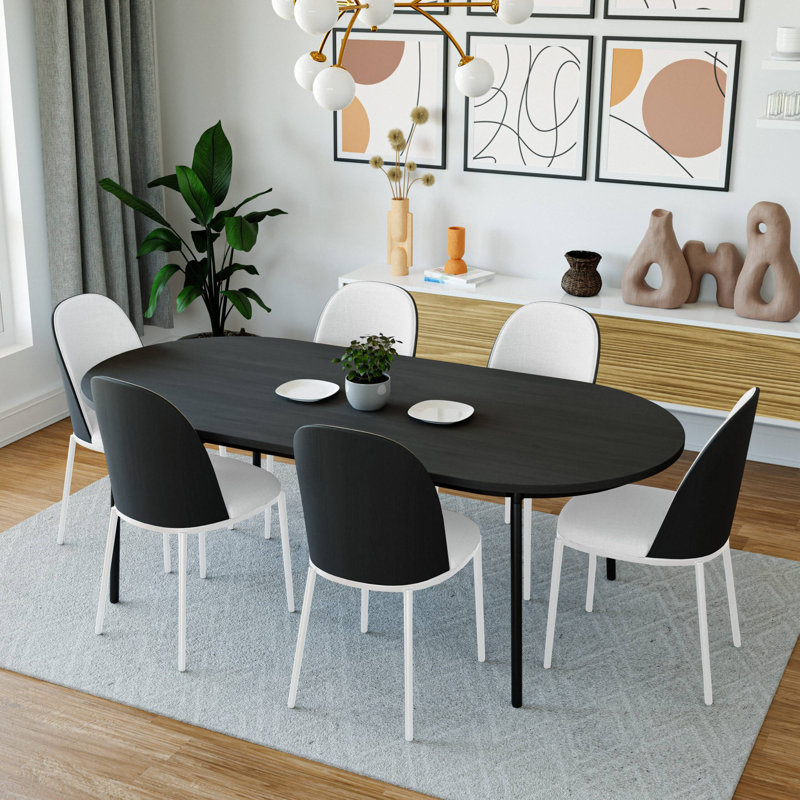 Ensemble de salle à manger 7 pièces Kelce 71 "Mid-Century, Noir, Noir / blanc