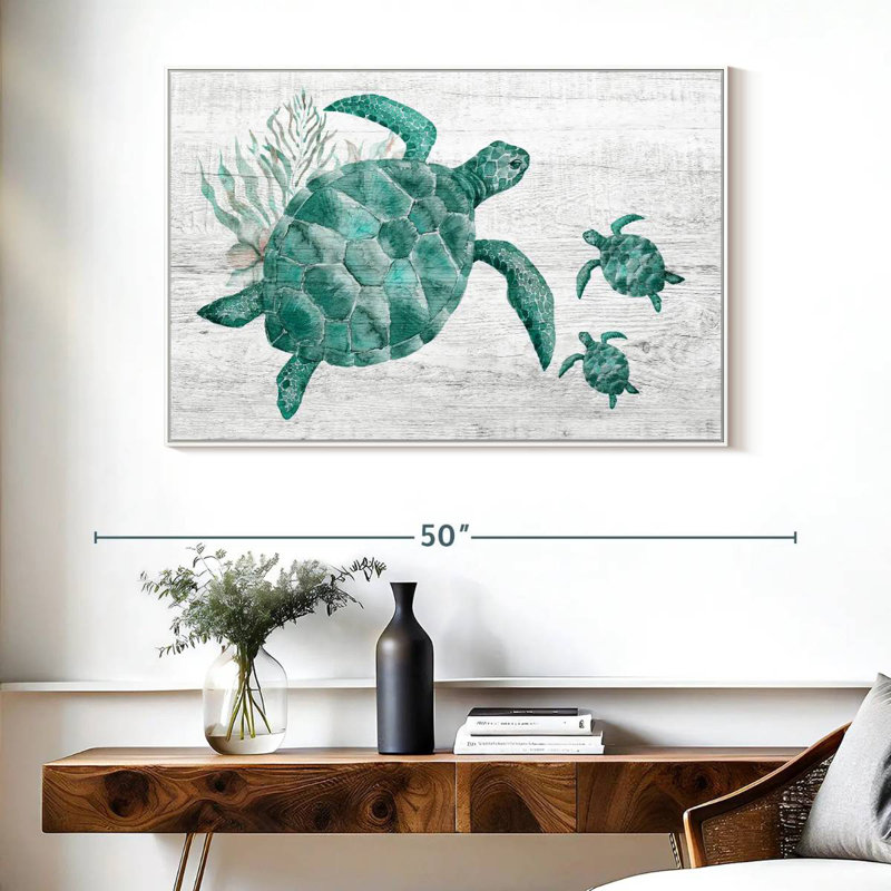 Famille de tortues en bois, Cadre flottant blanc, 40 po x 27 po