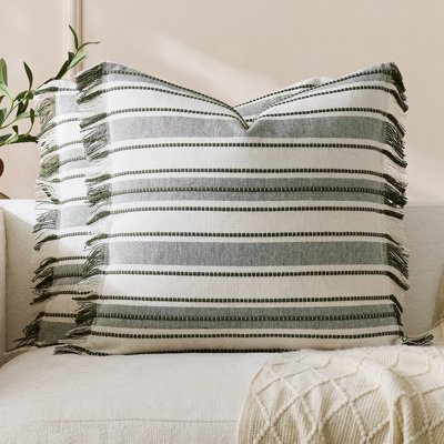 Textured Woven Striped Throw Pillow Cover with Fringe, 18" x 18"