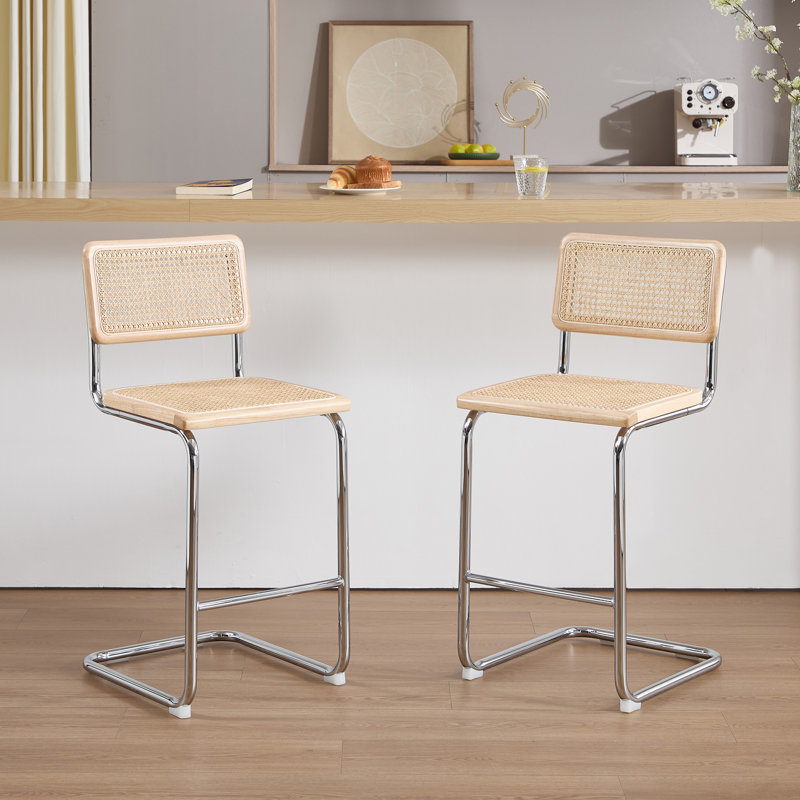 Crumley Natural Rattan 24.3" Counter Stool with Cane Rattan Back and Metal Frame, Natural, Chrome