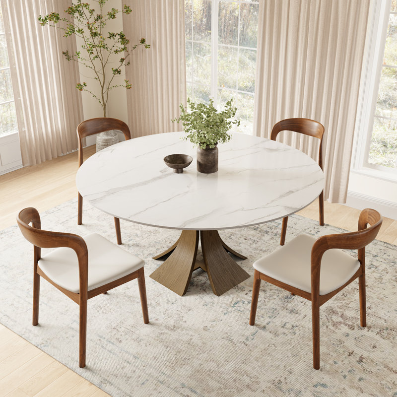 Aversa Modern Round Dining Table, Sintered Stone Top | Solid Wood Base, 1-Step Easy Assembly For Breakfast Nook, Dining Room