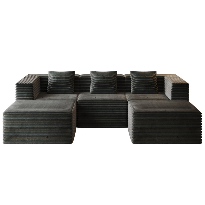 Grey Modular Sectional Couch with Deep Seat - Boneless Design, High-Density Memory Foam, No Assembly Required (3 Seats + 2 Ottomans)