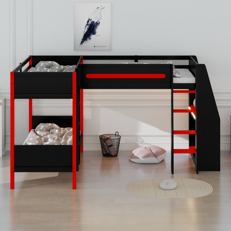 Lit superposé en L avec lit mezzanine, bureau intégré, tablettes et DEL