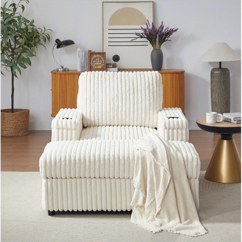 Corduroy Recliner with Cup Holder & Storage Footrest – Backrest Pillow, Armrest Storage, Beige