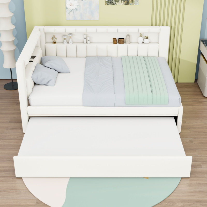 Full Wooden Upholstered Daybed with Trundle, USB Ports, LED lights and Slats, White