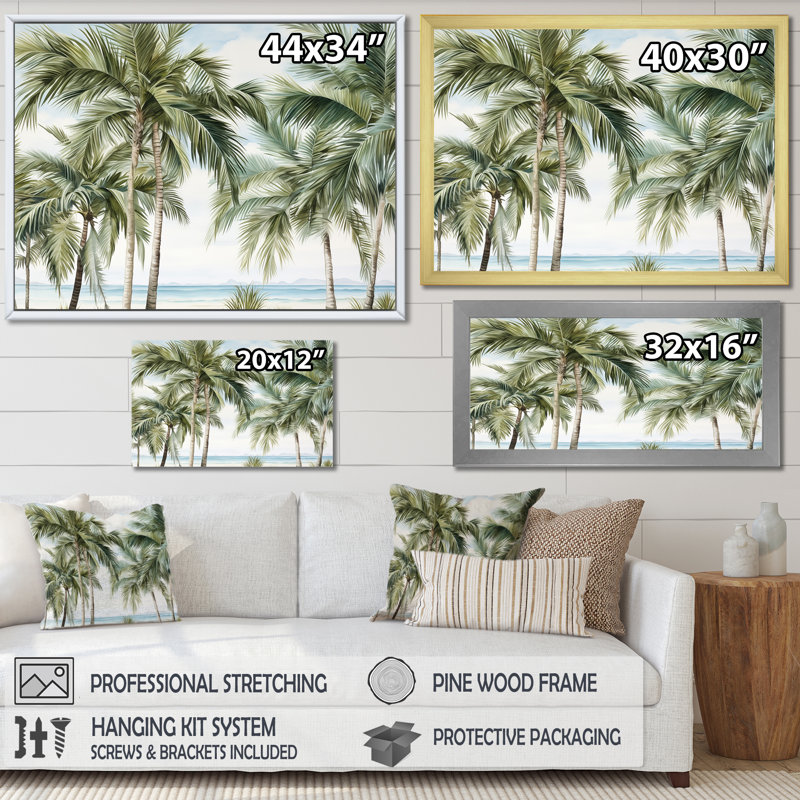 Palmiers sur la plage I - Art mural palmiers et palmiers, H 12 po x l 20 po x P 1 po, Cadre naturel flottant